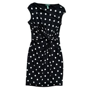 LAUREN Ralph Lauren Black and White Polka Dots Twisted Knot Midi Dress Size 14